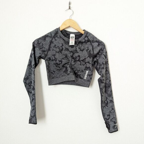 Gymshark black grey camo Adapt seamless long sleeve crewneck training crop top - Picture 1 of 3